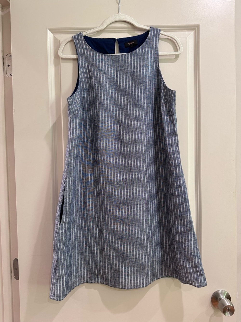 Quince Navy and White Pinstripe Sleeveless Dress